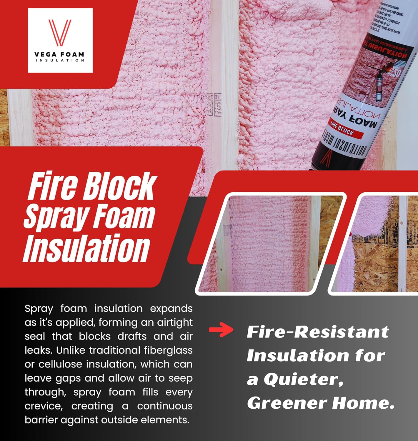 Vega Foam Fire Block Spray Foam Insulation Kit. Closed Cell Foam Thermal and Sound Insulation. Single Can with Cleaner. Covers up to 20 Sqft at 1 Inch per Canister