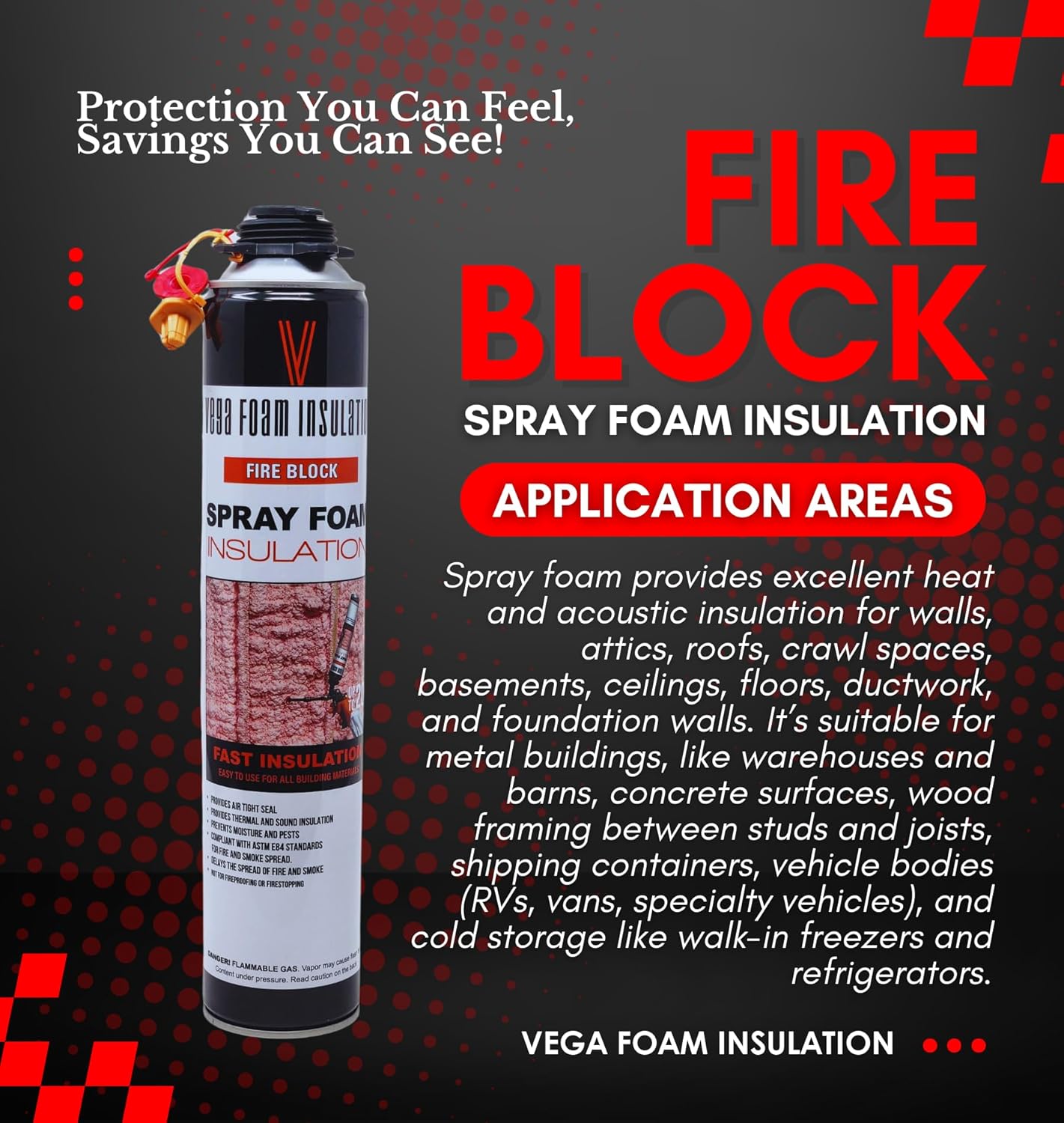 Vega Foam Fire Block Spray Foam Insulation Kit. Closed Cell Foam Thermal and Sound Insulation. Single Can with Cleaner. Covers up to 20 Sqft at 1 Inch per Canister