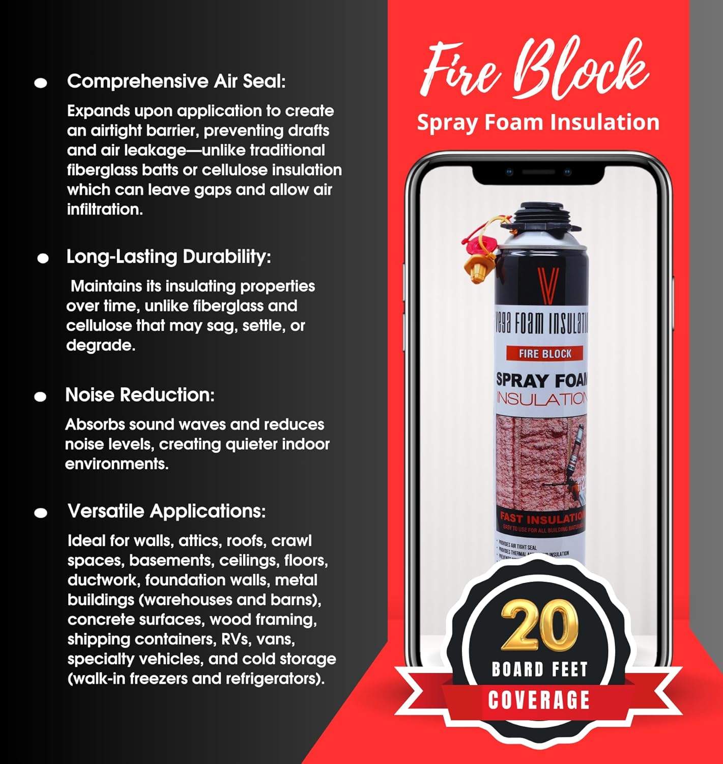 Vega Foam Fire Block Spray Foam Insulation Kit. Closed Cell Foam Thermal and Sound Insulation. Single Can with Cleaner. Covers up to 20 Sqft at 1 Inch per Canister