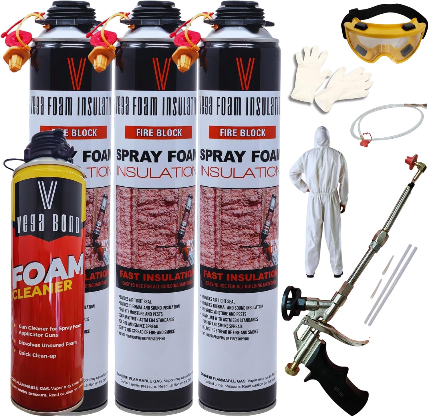 Vega Foam Fire Block Spray Foam Insulation Kit. Closed Cell Foam Thermal and Sound Insulation. Single Can with Cleaner. Covers up to 20 Sqft at 1 Inch per Canister